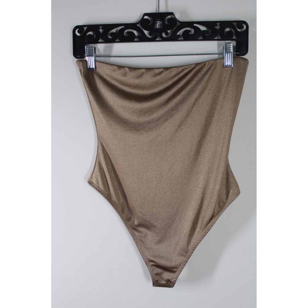 Superdown S Bronze Brown Metallic Strapless Tube Bodysuit Thong Snap